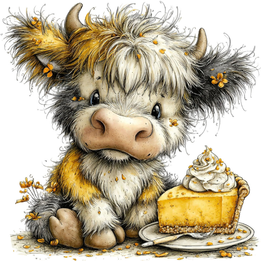 cream, gold, golden yellow, black, white, tan, brown, whimsical, farmhouse, rustic, animals, highland cattle, cute, folk art, decorative, dessert themed, pie, food, buttercream, small flowers, floral accents, charming, country style, illustration, detailed, sweet, cottage core, baking theme, warm tones, playful