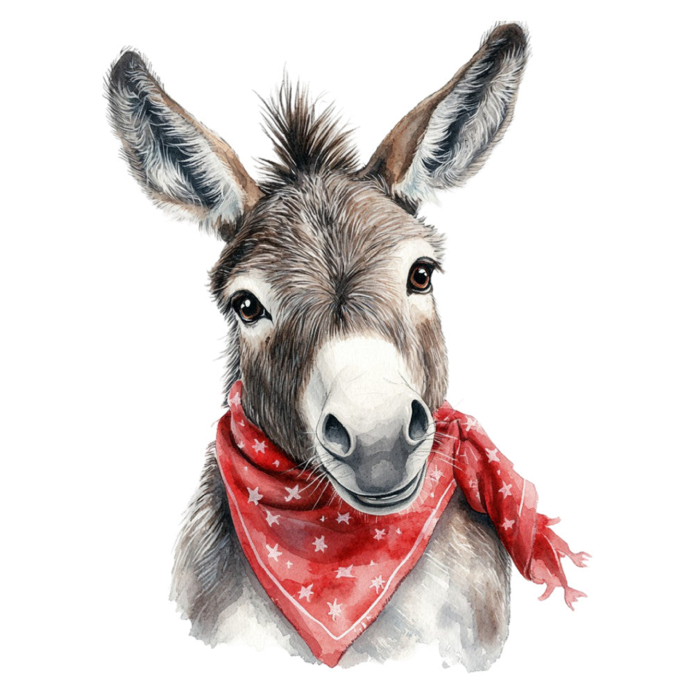 donkey, farm animals, whimsical, farmhouse, cute animals, red bandana, stars, rustic, country style, barn animals, adorable, nursery, baby, children's, playful, gentle, sweet, western, cowboy, patriotic, red and white, cream, brown, gray, animal portrait, folk art, cottage core, cheerful, friendly face