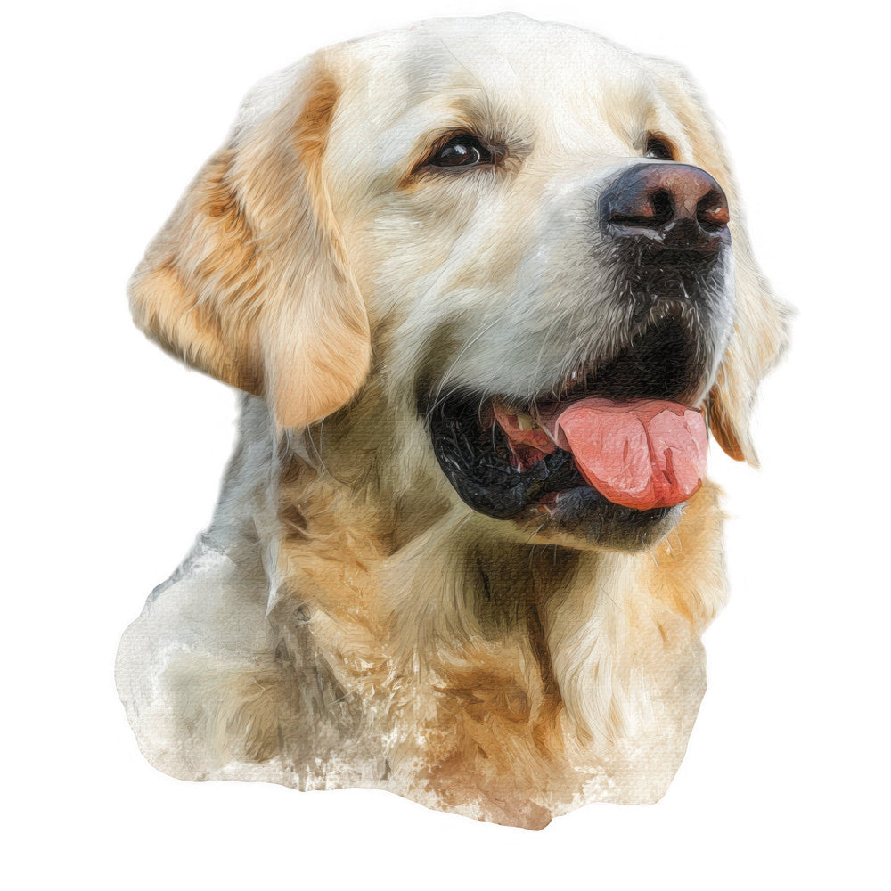 dog, labrador, golden retriever, cream, tan, beige, light brown, apricot, animal portrait, dog lover, pet, realistic, photorealistic, sporting dog, retriever breed, happy dog, smiling dog, tongue out, cute, adorable, portrait style, nature inspired, animal lover gift, home decor, wall art, pet portrait, dog themed, family friendly, whimsical
