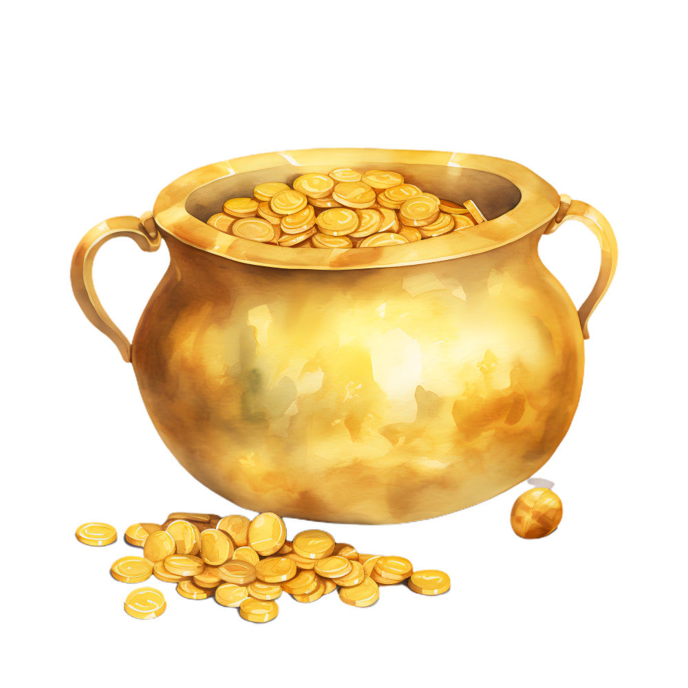 gold, golden yellow, pot of gold, coins, lucky, wealth, treasure, leprechaun, irish, st patrick's day, whimsical, fantasy, magical, spring, holiday, children's, novelty, prosperity, fortune, metal, shiny, glittery, fun, playful, festive