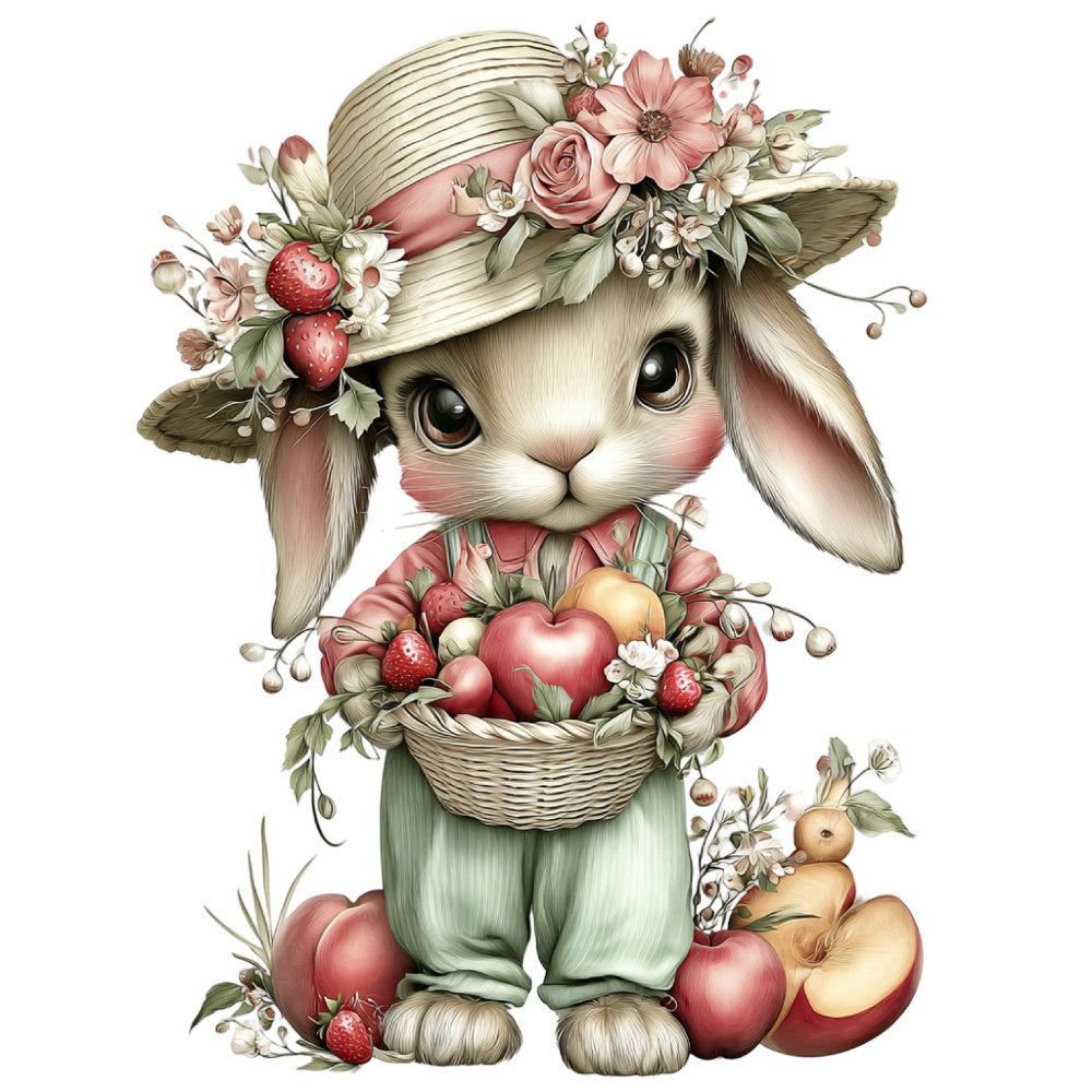 cream bunny, pastel pink, sage green, soft florals, whimsical, easter bunny, spring animals, cute rabbit, floral hat, heart motifs, strawberries, daisies, roses, vintage style, gentle colors, baby quilt, nursery fabric, children's design, woodland creatures, farmhouse style, nature inspired, soft pastels, easter theme, spring flowers, decorative bunny, adorable animals, cottage core, illustration style, storybook