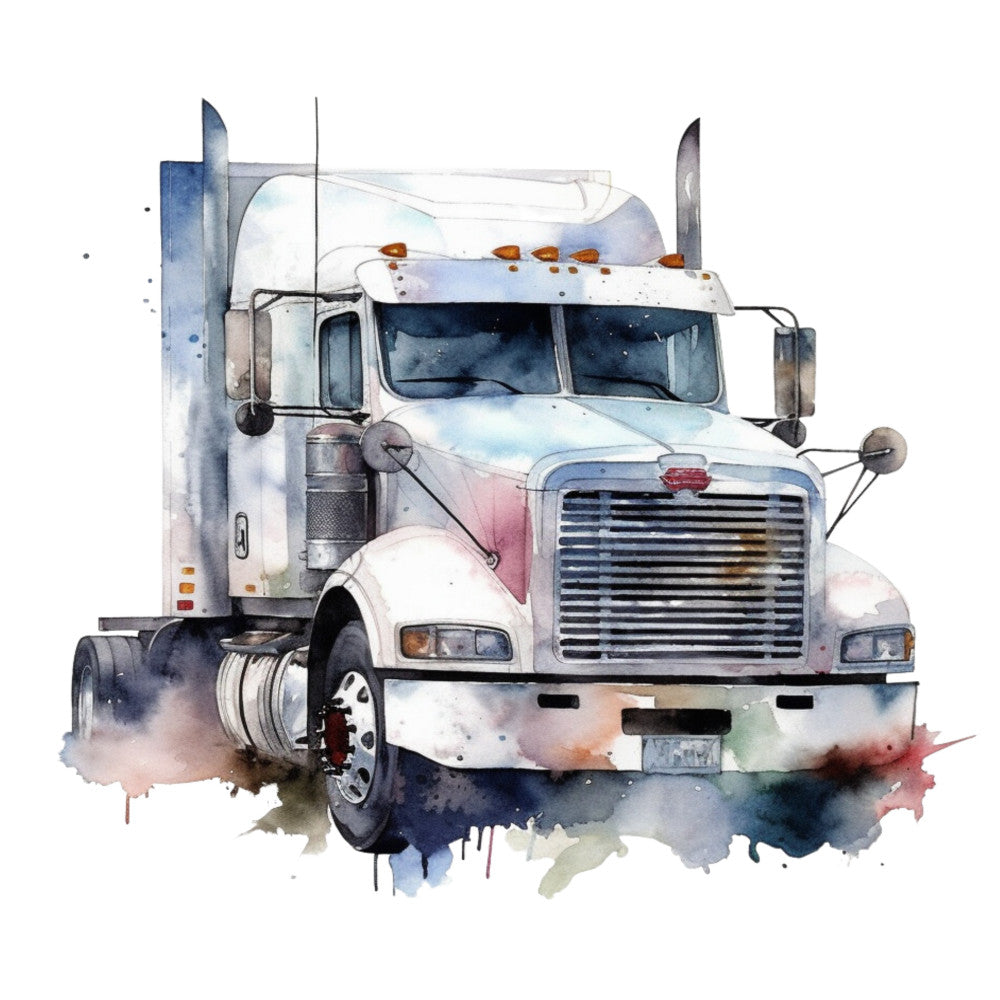 watercolor painting, semi truck, transportation, vehicle, white truck, blue accents, orange details, gray tones, artistic style, loose brushstrokes, trucking theme, masculine design, fabric panel, quilting cotton, automotive art, painted effect, soft edges, blended colors, truck cab, commercial vehicle