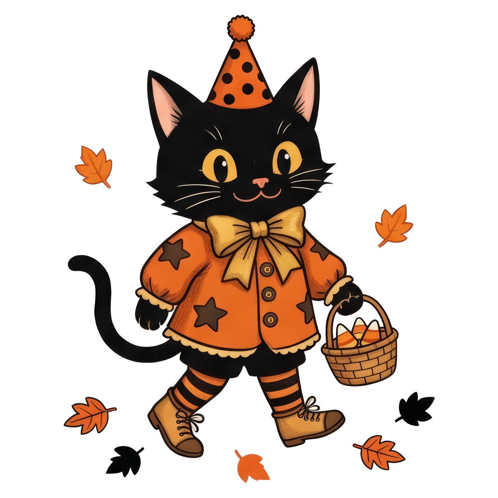 black cat, orange, gold, autumn, fall, halloween, whimsical, party hat, polka dots, striped stockings, bow tie, basket, leaves, seasonal, festive, cute, playful, children's, animal themed, stars, vintage style, holiday, cheerful, folk art, decorative, charming, rustic, fun, costume