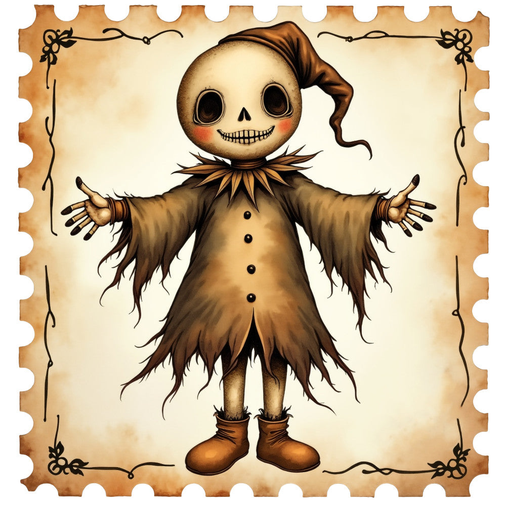 Halloween Postage Stamps Fabric Panel 2 featuring a vintage-style skeleton scarecrow in tattered clothing on a postage stamp design.