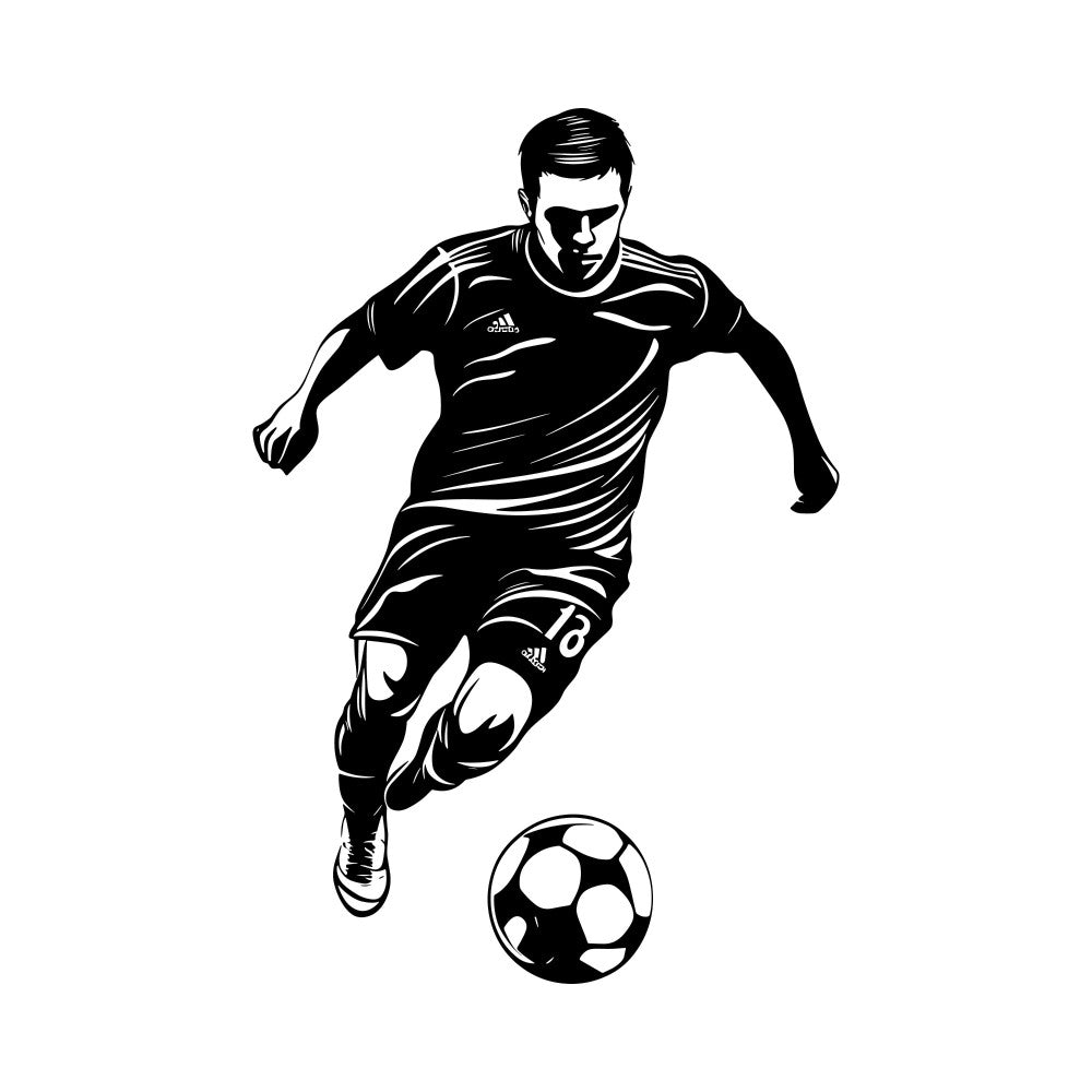 soccer, football, sports, athletic, male athlete, player, ball, black and white, monochrome, silhouette, action pose, dynamic, modern, contemporary, youth sports, team sports, boys, men, sporty, active wear, jersey, athletic wear, graphic design, illustration style, high contrast, geometric, minimalist, sports themed, recreational, competitive