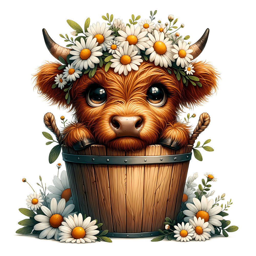 Cute Highland Cows in Buckets Fabric Panel 7 featuring a brown calf with daisy flower crown inside a wooden bucket surrounded by daisies.