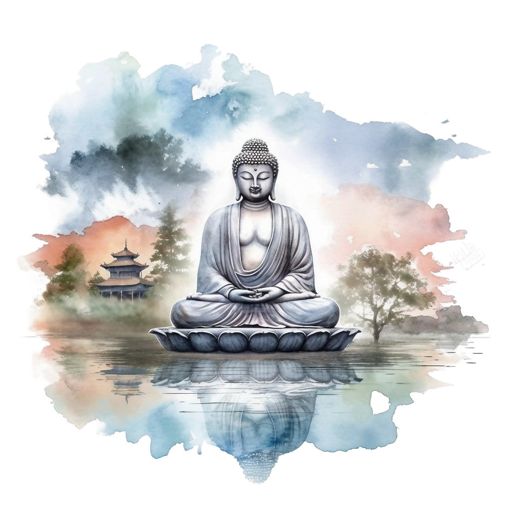 watercolor, buddha, meditation, lotus base, serene, peaceful, reflection, water, pagoda temple, soft blues, coral pink, sage green, misty clouds, trees, spiritual, zen, tranquil, fabric panel, asian inspired, sitting pose