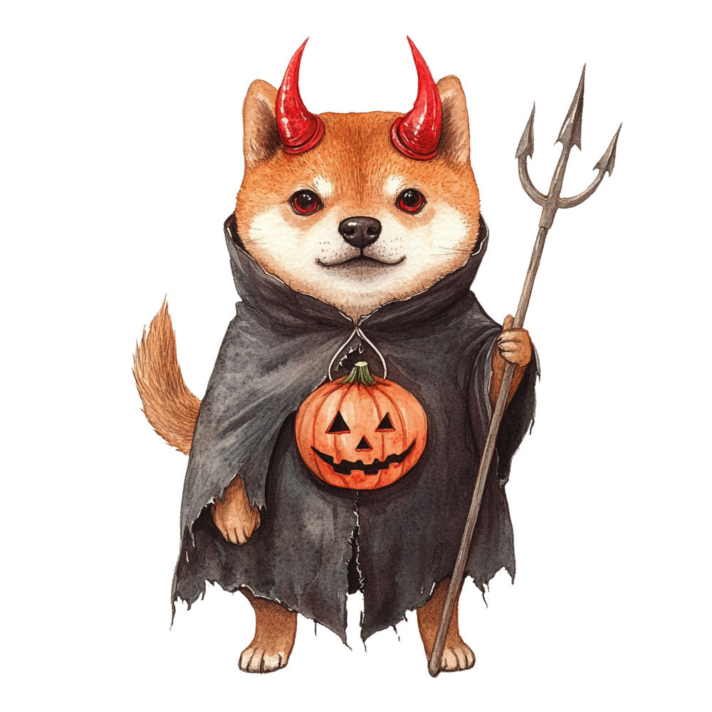 halloween dog, shiba inu, devil costume, red horns, jack-o-lantern, pumpkin face, pitchfork, spooky, trick or treat, autumn, fall, orange pumpkin, black cape, tan dog, brown and white, whimsical, playful, festive, animal costume, holiday, seasonal, cute, humorous, funny, mischievous, trick-or-treating, october, spooky season
