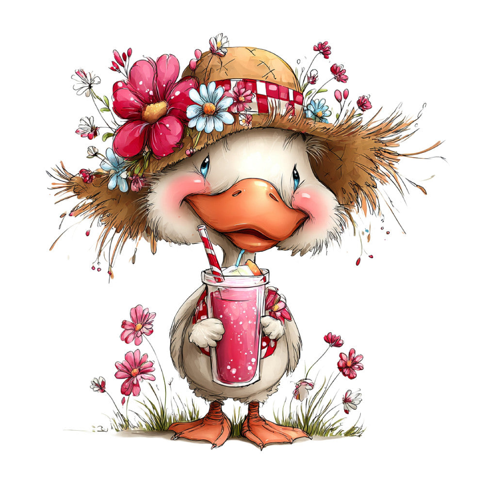whimsical duck, duck with flowers, coral orange, dusty rose, cream white, light blue, straw hat, floral hat, spring animals, garden theme, cute birds, daisy flowers, pink beverage, drink motif, countryside charm, farm animals, rustic whimsy, children's illustration, playful characters, watercolor style, spring season, summer vibes, botanical elements, animal characters, pastoral scene, folk art style, cottage core, decorative panel, character illustration, cheerful design