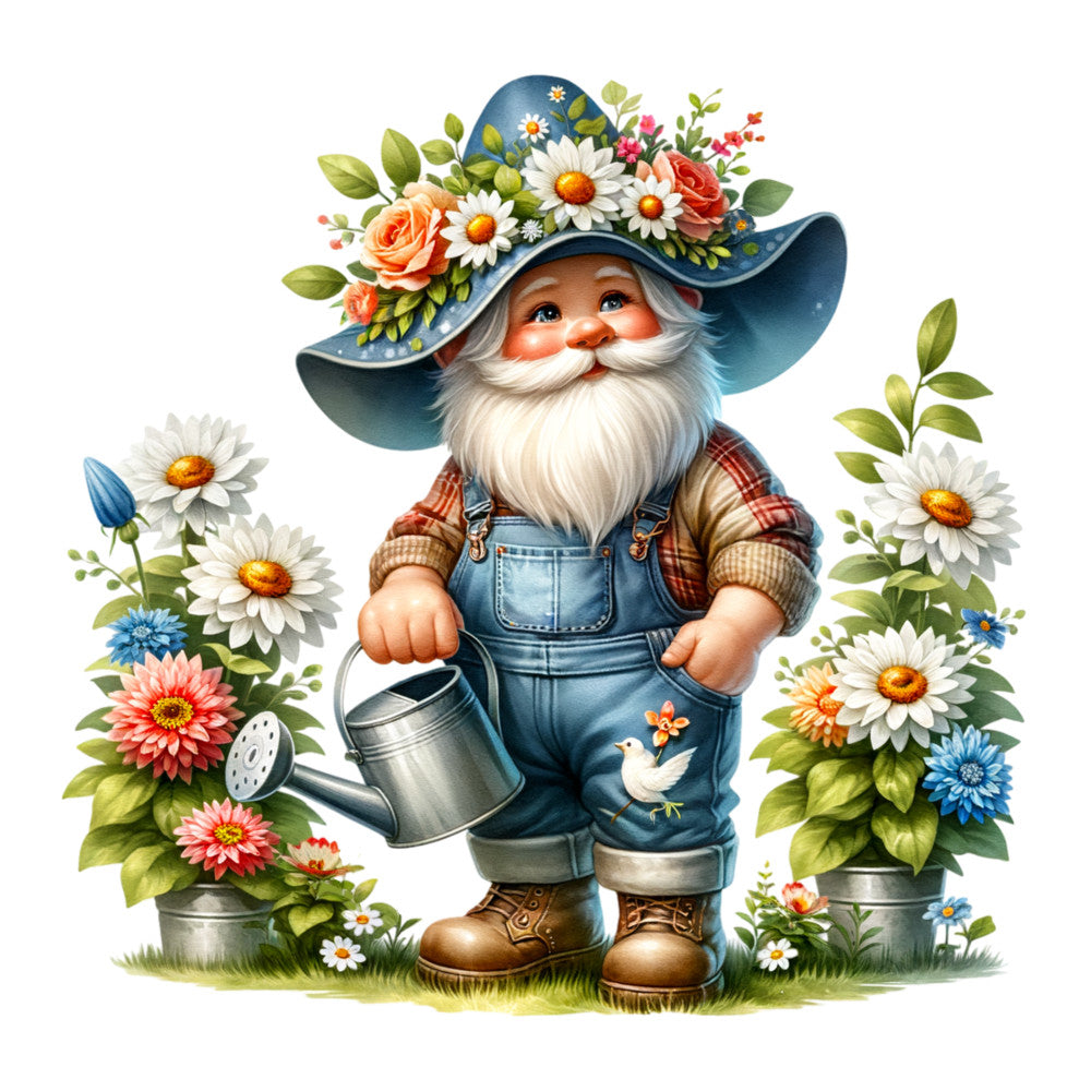 spring gnome, garden gnome, floral hat, white beard, denim overalls, watering can, daisies, coral roses, blue cornflowers, green foliage, fabric panel, quilting cotton, gardening theme, whimsical character, cottage core, spring flowers, potted plants, brown boots, plaid shirt, cheerful illustration
