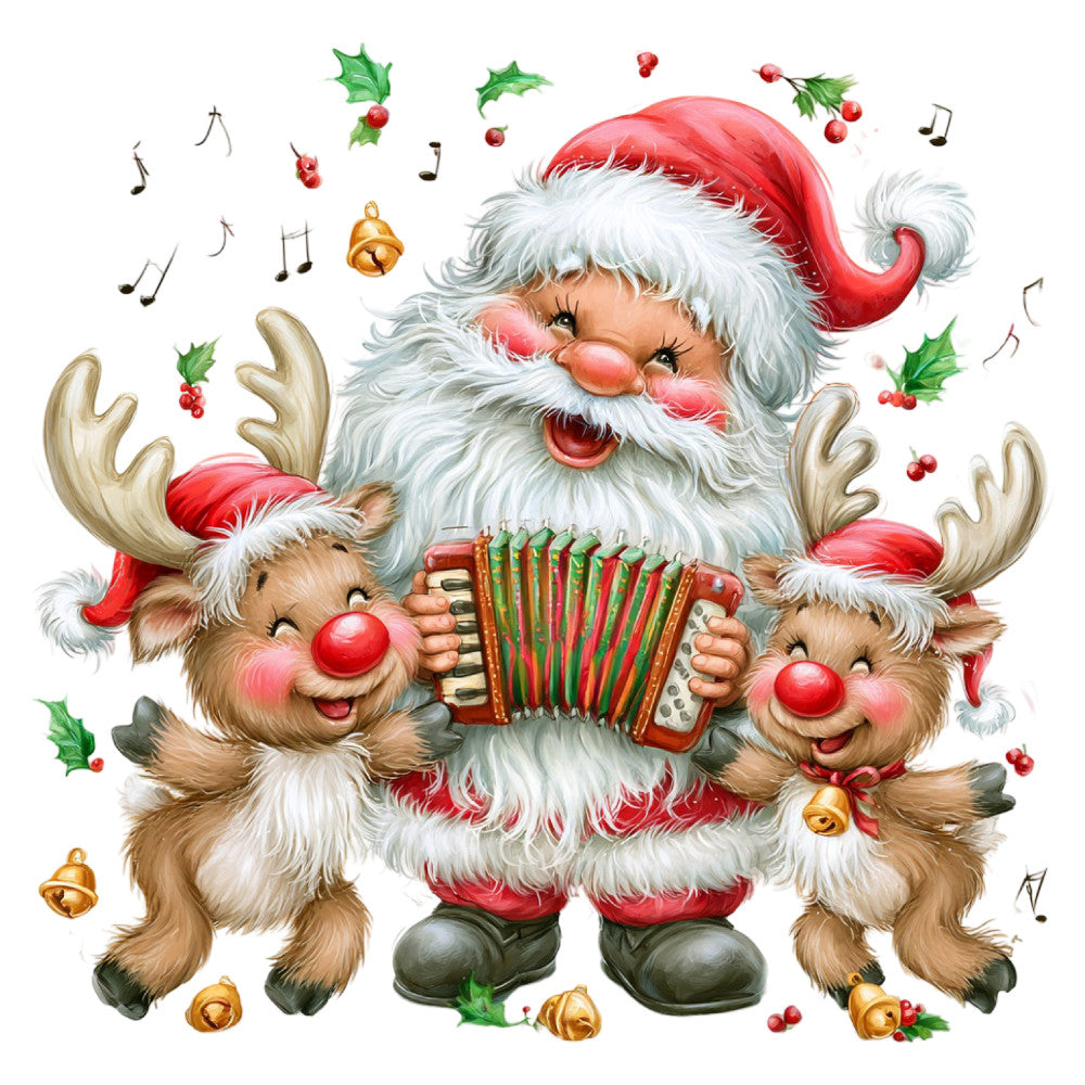 santa claus, reindeer, christmas, holiday, festive, red, white, cream, green, gold, whimsical, cheerful, vintage, nostalgic, musical notes, accordion, bells, holly, berries, animals, jolly, retro, traditional, seasonal, winter, decorative, playful, charming, cute characters, child-friendly