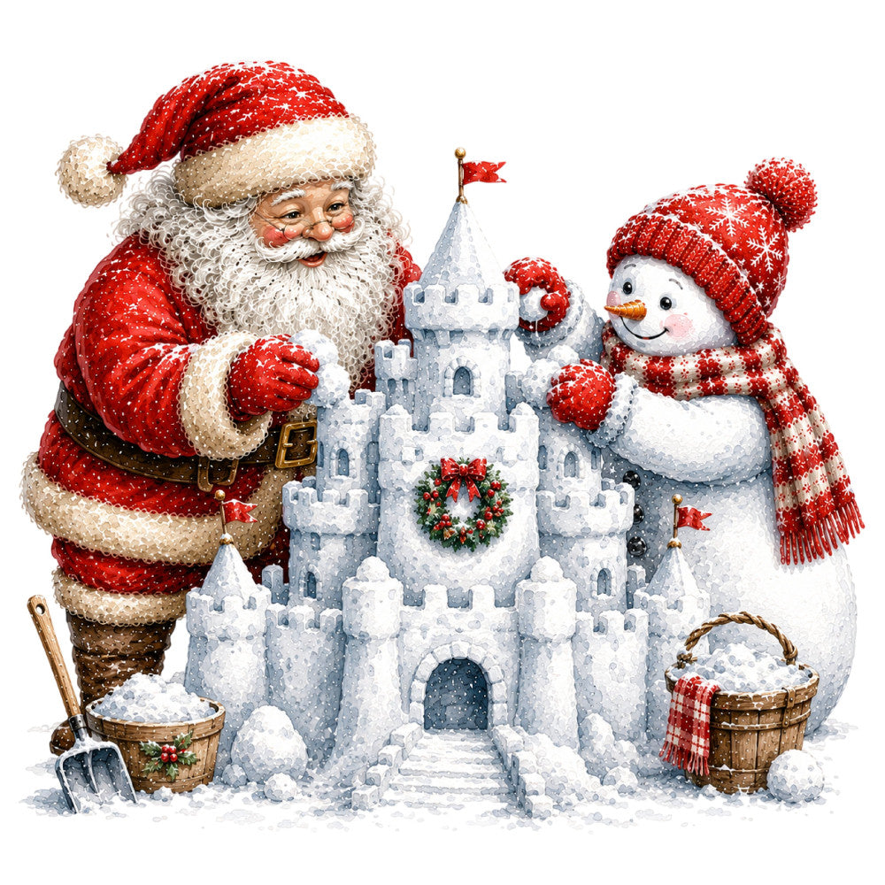 santa claus, snowman, winter, christmas, holiday, snow castle, red and white, cream, festive, whimsical, traditional, seasonal, children's, playful, snow scene, decorative panel, wall hanging, christmas themed, vintage style, nostalgic, jolly, magical, winter wonderland, holiday decoration, seasonal decor, ice castle, red hat, snow white, family friendly, cheerful