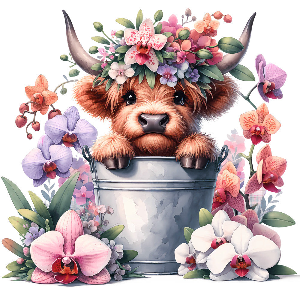 Cute Highland Cows in Buckets Fabric Panel 11 features an adorable highland calf in a metal bucket surrounded by colorful orchids and flowers.