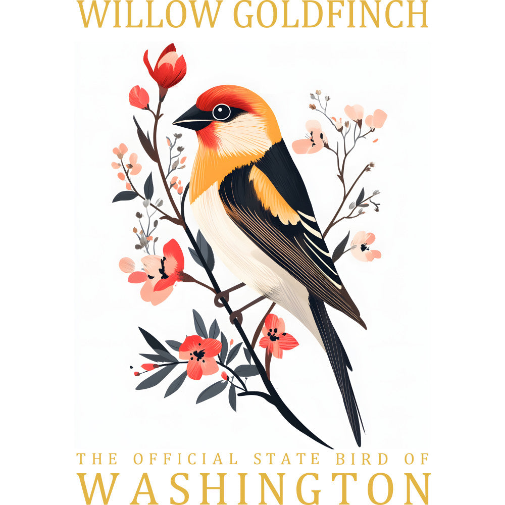 willow goldfinch, state bird, washington, orange bird, coral flowers, pink blossoms, botanical branches, floral design, fabric panel, quilting cotton, bird illustration, nature motif, spring theme, warm colors, peach tones, black accents, cream background, decorative panel, wildlife art, songbird