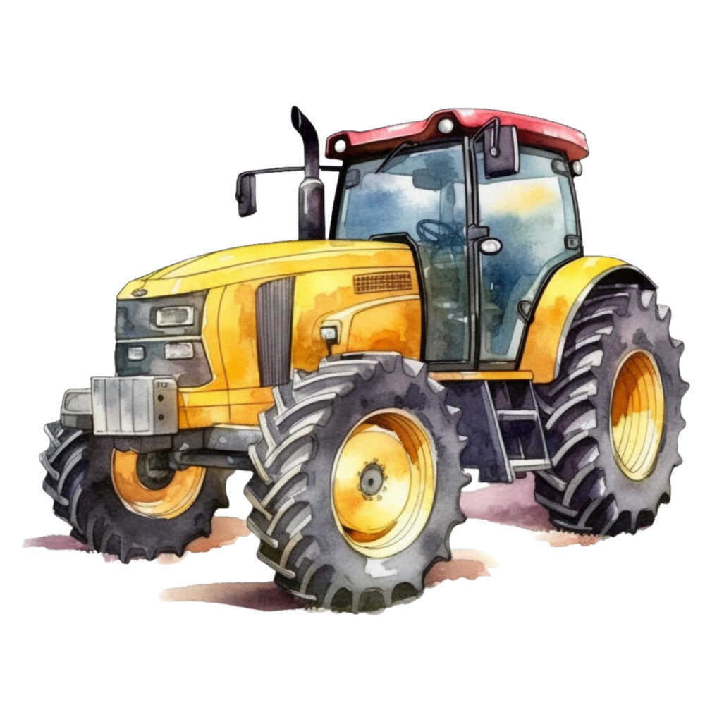 watercolor, tractor, yellow, red, purple, gray, farm equipment, agricultural, vehicle, machinery, children's fabric, quilting panel, cotton fabric, boy's room, nursery decor, transportation theme, country style, rural, farming, craft panel