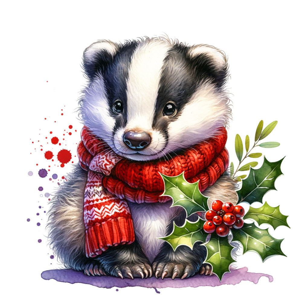 woodland animals, baby badger, winter scarf, red knit scarf, holly berries, green holly leaves, watercolor style, purple accents, black and white stripes, festive theme, christmas motif, cute baby animal, fabric panel, quilting cotton, seasonal design, winter theme, forest creature, soft pastels, whimsical illustration, nature inspired
