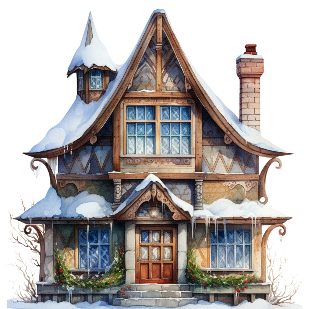 Watercolor Winter Houses Fabric Panel 9