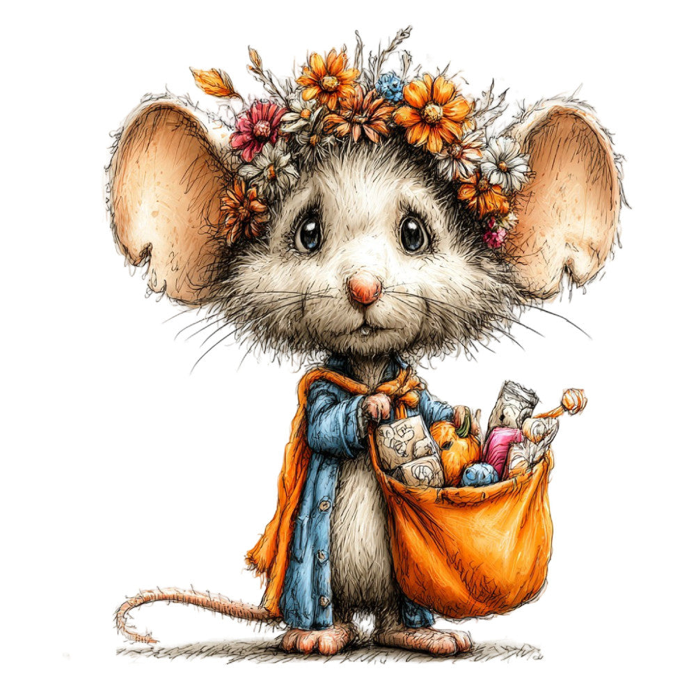 whimsical mouse, cute animals, character fabric, floral crown, orange flowers, blue clothing, charming woodland, children's fabric, animal illustration, spring florals, daisy flowers, playful design, storybook characters, vintage style, folk art, nature inspired, character panel, nursery fabric, kids apparel, cottage core, whimsical woodland creatures, tan and white, golden orange, soft blue, botanical details, storybook illustration, decorative motifs, apparel fabric, character clothing, sweetly detailed