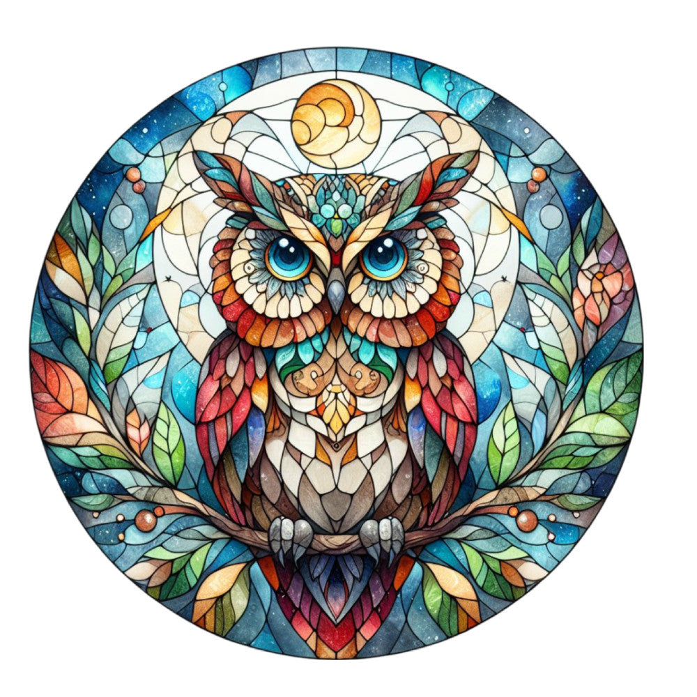 stained glass, owl, mandala, circular design, blue eyes, colorful feathers, geometric patterns, mosaic style, fabric panel, quilting cotton, turquoise, orange, red, green, purple, nature motif, symmetrical design, decorative art, crafting fabric, artistic owl