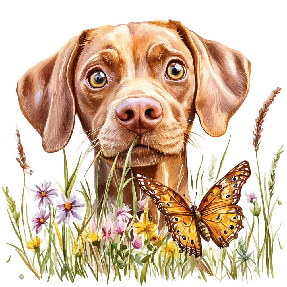 brown dog, golden brown, cream, tan, soft colors, warm tones, animal portrait, dog face, butterfly, nature, floral, wildflowers, purple flowers, yellow flowers, grass, botanical, garden, whimsical, illustrated, watercolor style, springtime, summer, pastoral, countryside, pet lover, dog fabric, nature lover, gentle style, charming, sweet