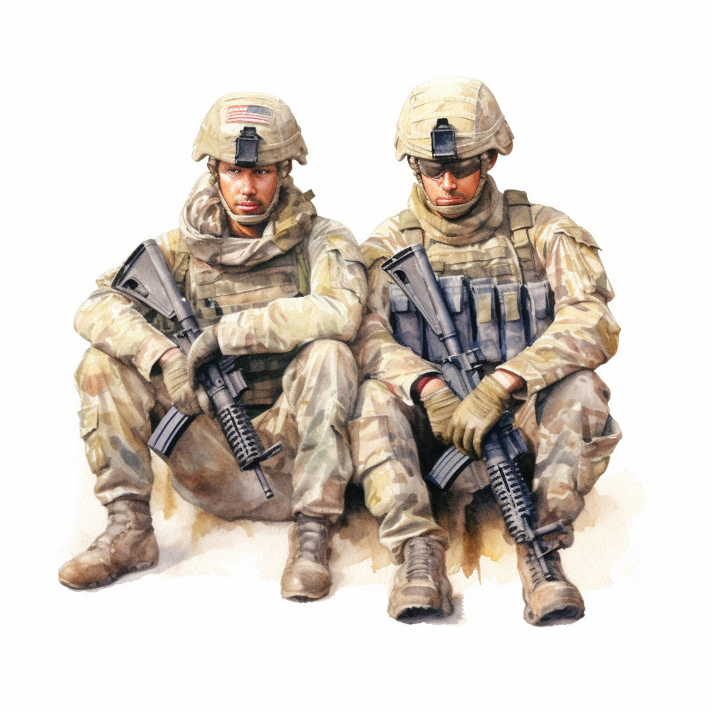 tan, beige, khaki, desert tan, olive green, dark gray, military camouflage, camo pattern, soldiers, military personnel, american flag, patriotic, armed forces, action, tactical gear, combat boots, rifles, weapons, military uniforms, desert warfare, contemporary, realistic, heroic, masculine, commemorative, veterans, service members, military appreciation, courage, strength