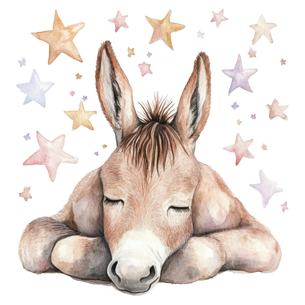 sleepy donkey, cute animals, whimsical, watercolor, stars, baby nursery, pastel colors, soft pink, dusty rose, cream, sage purple, gold, gentle animals, dreamy, sweet, children's fabric, baby quilt, wall hanging, celestial theme, sleeping animal, farmyard, rustic, soft colors, delicate, nighttime, lullaby, nursery decor, peaceful, gentle style, nature inspired