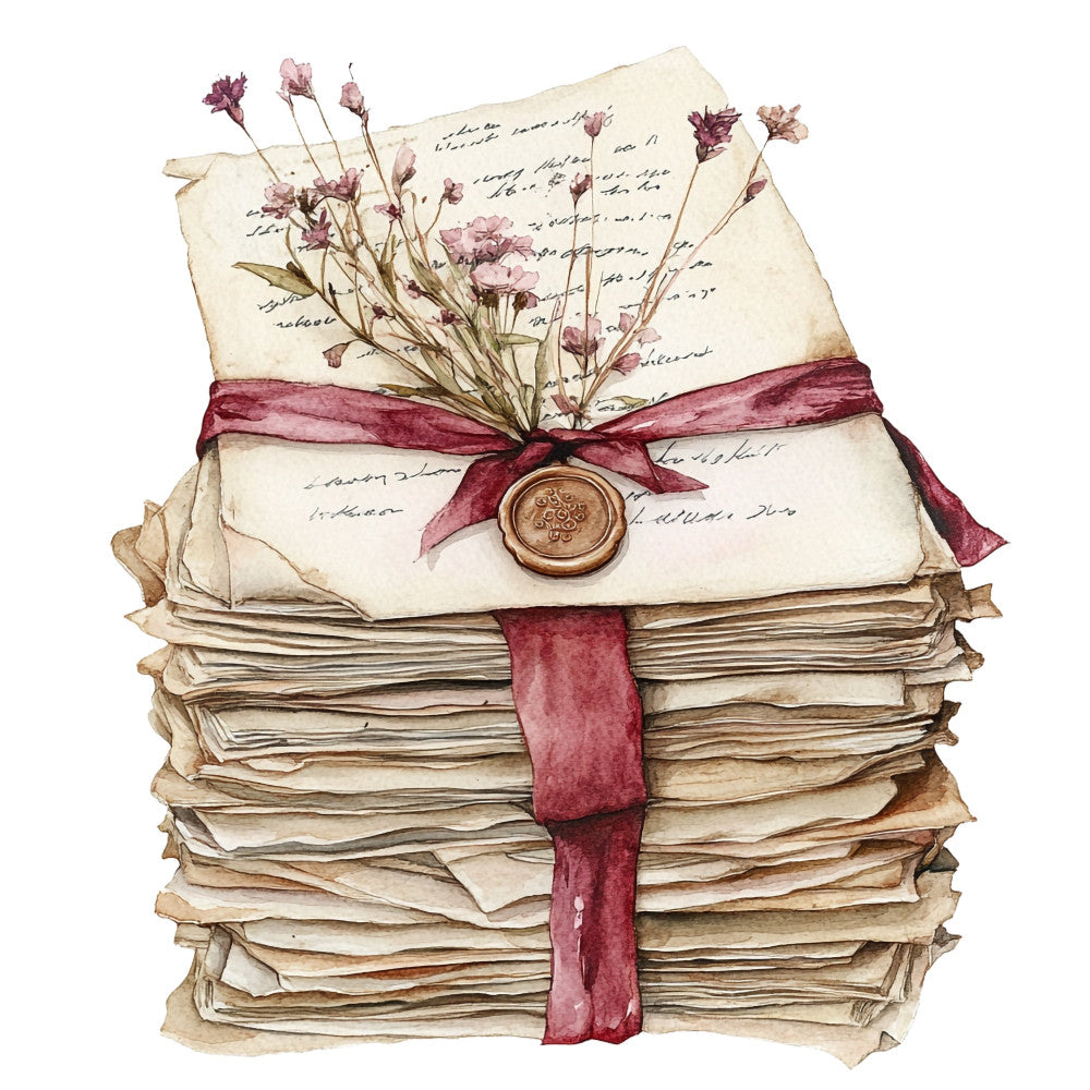 vintage letters, dusty rose, mauve, cream, burgundy, dried flowers, botanical, floral, romantic, nostalgia, antique, handwritten, pressed flowers, love letters, wax seal, ribbon, literary, vintage aesthetic, elegant, whimsical, feminine, cottage core, storybook, classic, traditional, spring florals, garden theme, shabby chic, scrapbook, memory keeper