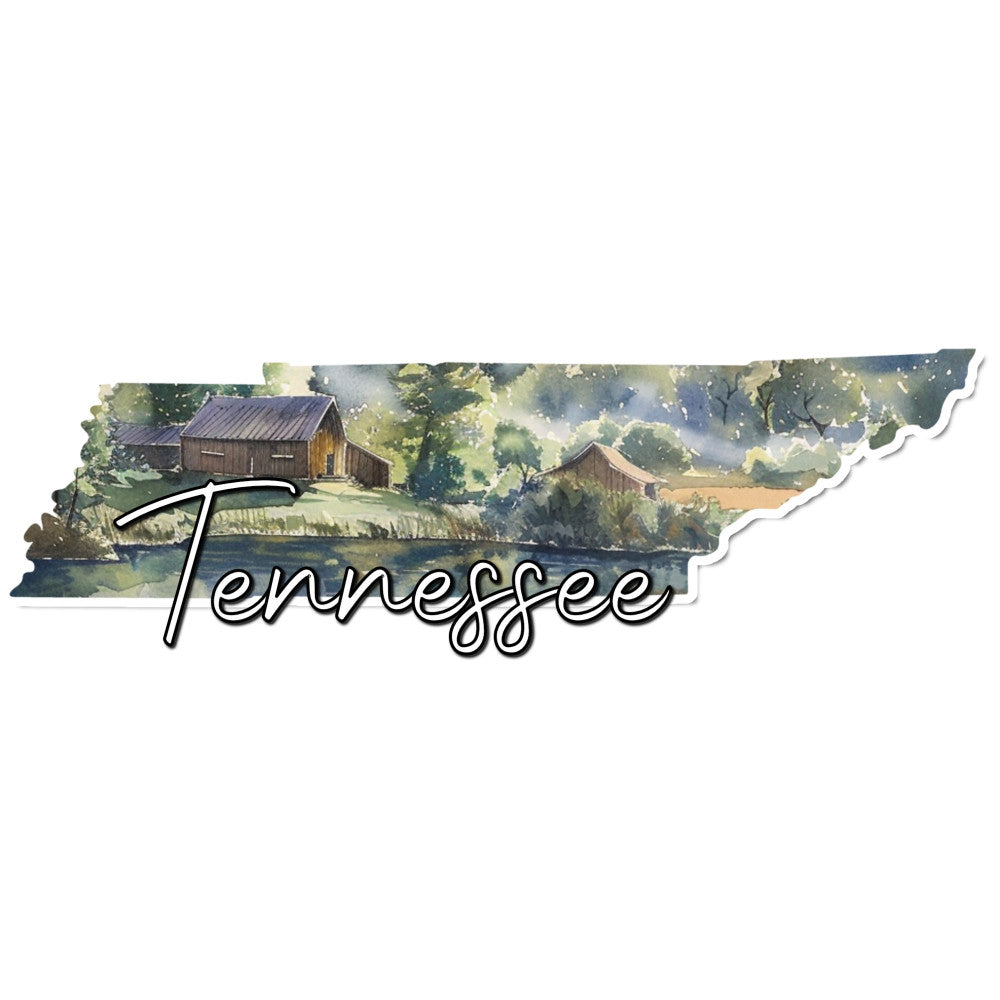 tennessee, watercolor, landscape, farmhouse, rural, barn, countryside, nature, pastoral, rustic, vintage, earth tones, sage green, golden yellow, warm brown, soft blue, cloudy sky, trees, water, river, americana, folk art, traditional, state pride, scenic, travel, americana decor, country living, peaceful