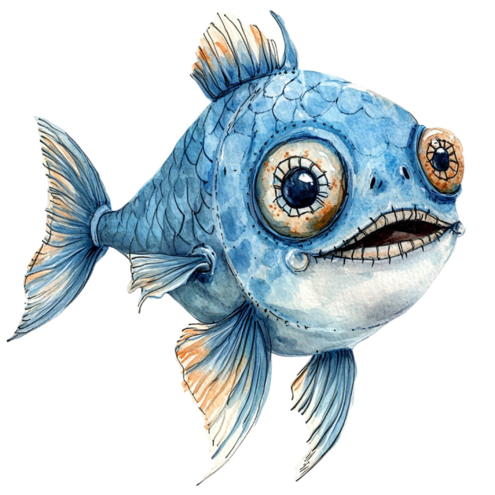 Watercolor Scary Fish Fabric Panel 1