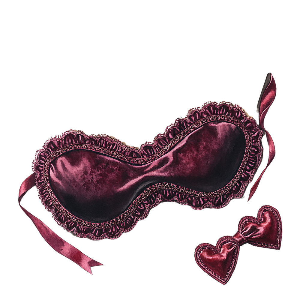 burgundy, wine red, deep crimson, sleep mask, heart-shaped nipple tassels, satin finish, lace trim, ornate details, ribbon ties, intimate apparel, boudoir theme, romantic accessories, luxurious fabric, decorative fringe, victorian style, elegant lingerie, sensual motifs, fabric panel, quilting cotton, dark romance