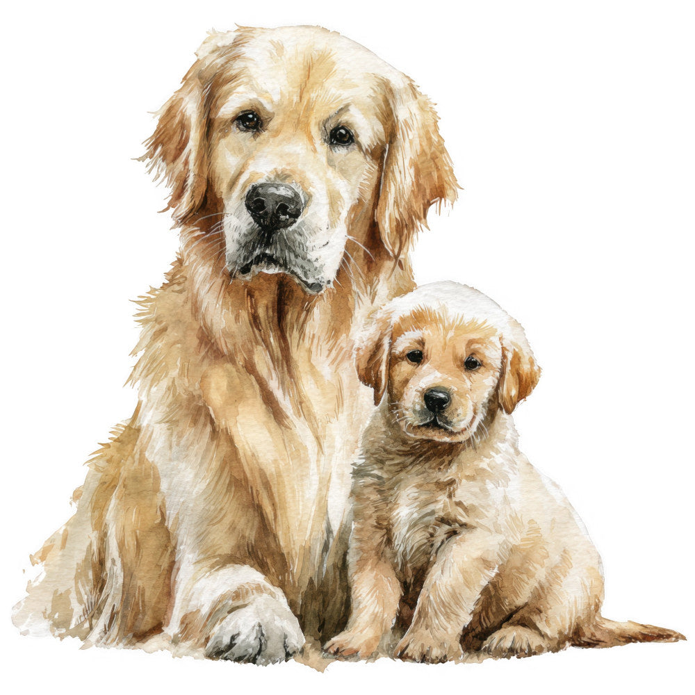 golden retriever, dog, puppy, pets, animals, dog lovers, realistic, portrait, family, parent and child, cream, tan, beige, light brown, warm tones, nature, wildlife, traditional, elegant, sentimental, nostalgic, dog breed, sporting dogs, retriever, multi-generational, bonding, watercolor style, painterly, detailed illustration, pet lovers