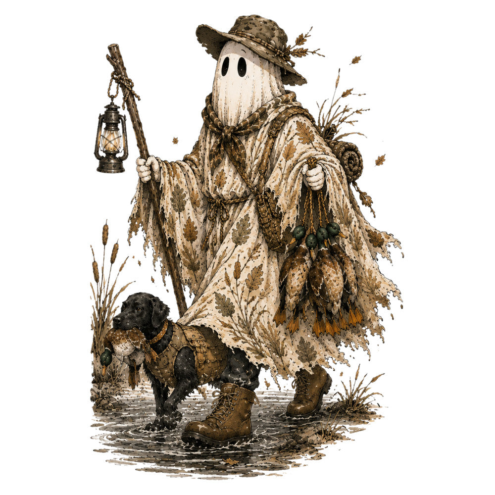 scarecrow, autumn, fall, harvest, rustic, whimsical, cream, tan, brown, sepia, vintage, farmhouse, countryside, folk art, nature, dog, hunting, wetland, marsh, reeds, cattails, lantern, storybook, cottage core, seasonal, traditional, earthy tones, distressed, nostalgic, wildlife