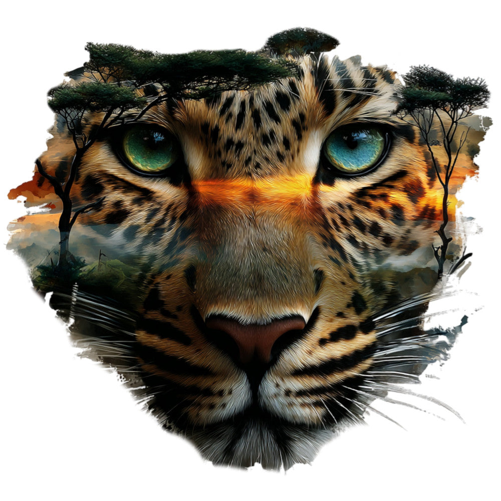 leopard face, wildlife, big cat, jungle, safari, animal portrait, turquoise eyes, aqua eyes, golden orange, burnt orange, cream, black, white, nature, exotic, double exposure, landscape blend, trees, acacia trees, african savanna, majestic, bold, striking, realistic, detailed, artistic, wild cat, feline, statement piece, wall hanging