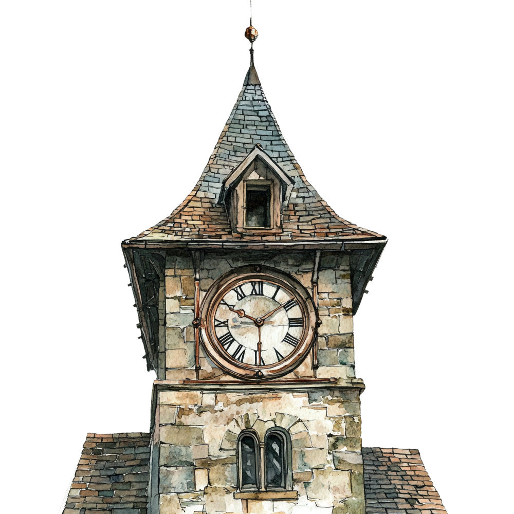 clock tower, steampunk, vintage architecture, stone brick, roman numerals, slate blue, sage green, tan, cream, beige, rust orange, gray, steampunk style, gothic, architectural, building motif, timepiece, whimsical, nostalgic, victorian, traditional, rustic, elegant, heritage, old world charm, decorative panel, wall art, collectible theme