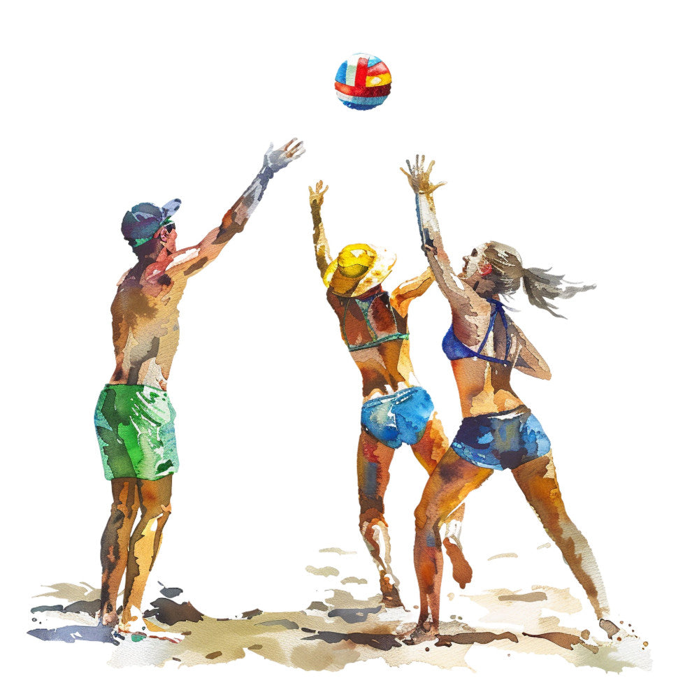 beach volleyball, sand, sports, athletic, summer, watercolor, abstract, painted, colorful, bright, energetic, action, multi-color, gold, yellow, blue, green, red, orange, tan, beige, sand tones, recreational, outdoor, active lifestyle, modern, contemporary, illustration style, human figures, dynamic movement