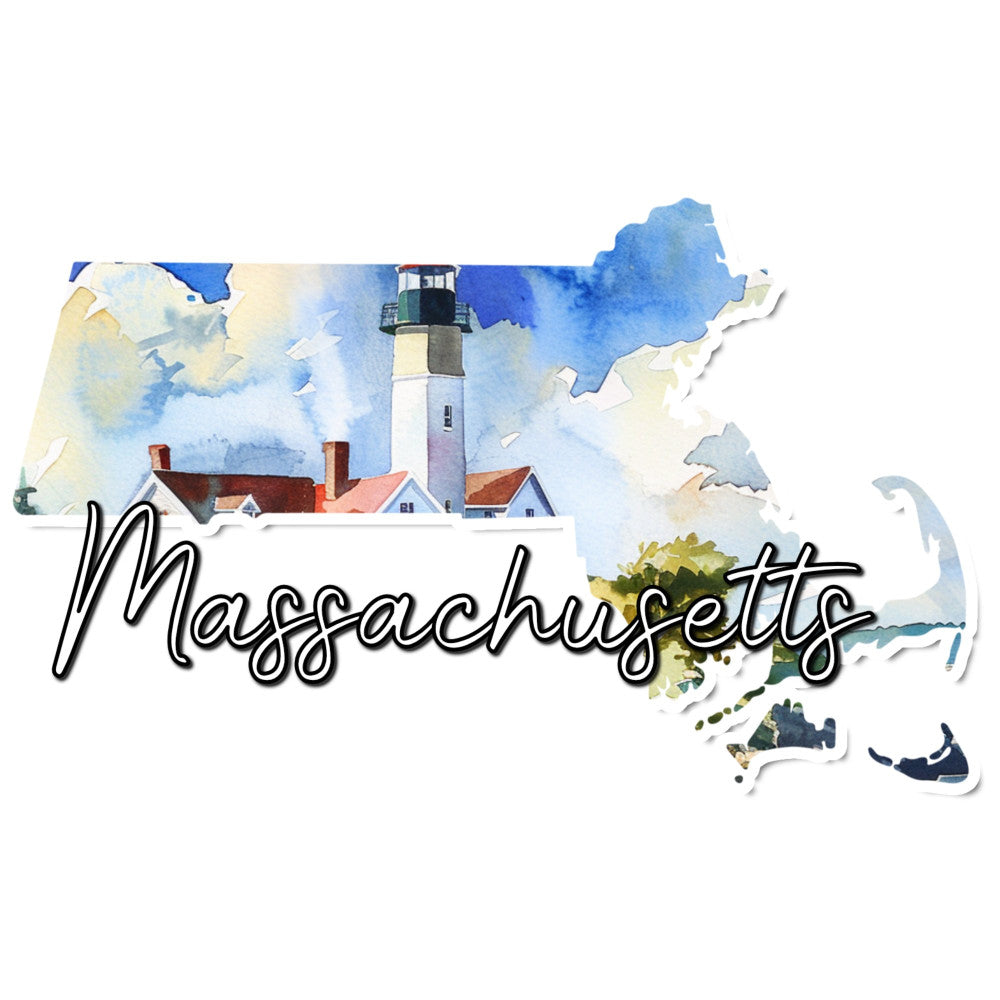 massachusetts, lighthouse, nautical, coastal, state map, watercolor, sky blue, cream, red, white, navy blue, scenic, travel, geography, new england, vintage, traditional, landscape, building, architecture, houses, coastal living, americana, patriotic, travel themed, state pride, scenic design, artistic, elegant