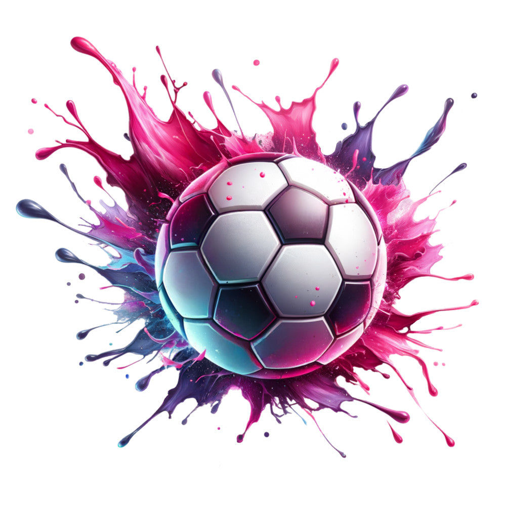 watercolor soccer ball, paint splash, magenta, fuchsia, purple, navy blue, teal, white background, sports theme, fabric panel, quilting cotton, artistic style, dynamic motion, paint splatters, hexagonal pattern, soccer design, vibrant colors, athletic motif, craft fabric, modern art style
