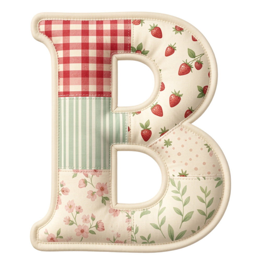 red gingham, cream, sage green, coral pink, strawberry, floral, gingham check, striped, vintage, farmhouse, country, cottage core, spring, summer, botanical, roses, leaves, berries, polka dot, patchwork, traditional, whimsical, rustic, quilted letter, alphabet, nursery, baby quilt, wall hanging, decorative letter, mixed prints