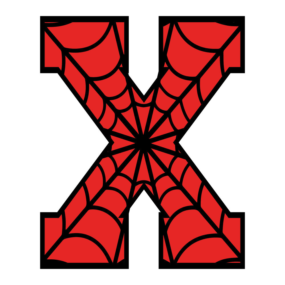 red, black, spider web, alphabet letter, x letter, web pattern, radial design, superhero themed, comic book style, fabric panel, quilting cotton, bold colors, geometric pattern, children's fabric, novelty print, craft fabric, sewing material, bright red, contrasting colors