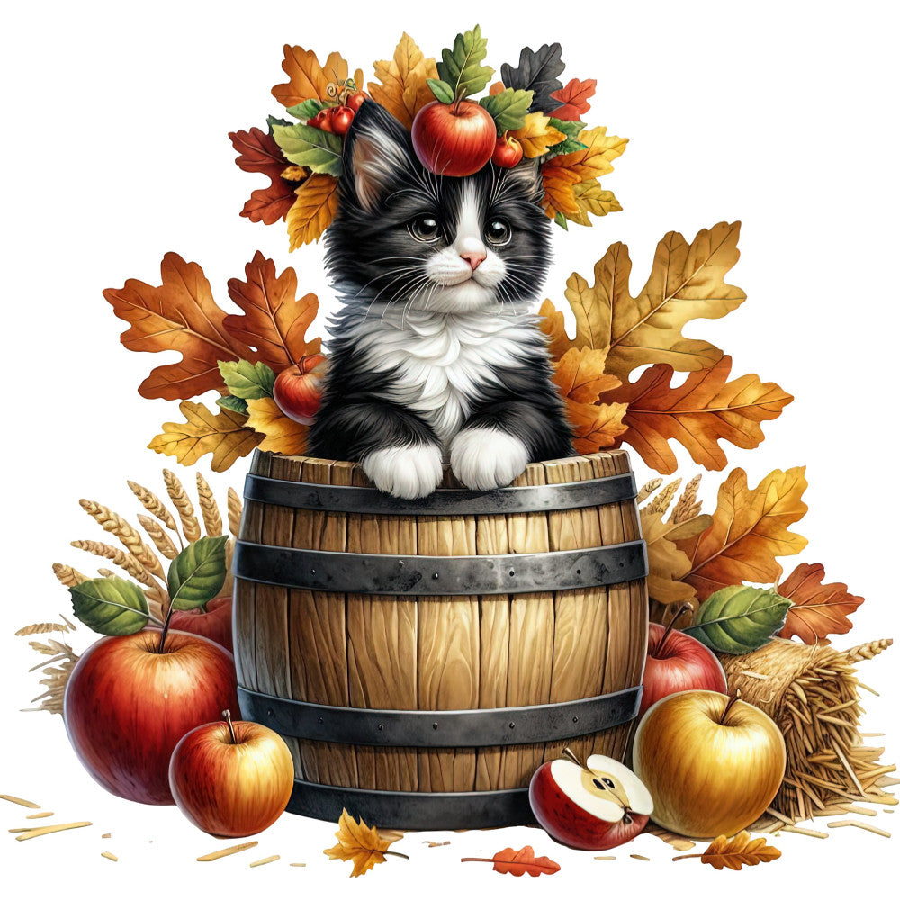 black and white cat, autumn leaves, fall colors, harvest theme, apples, wheat, wooden barrel, rustic style, farmhouse, nature, animals, cats, gold, burnt orange, red apples, cream white, forest green, seasonal, autumn harvest, whimsical, traditional, country style, fall foliage, botanical, fruit motifs, home decor, wall hanging, cozy, warm tones