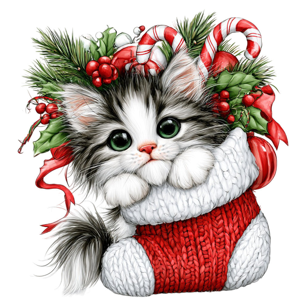 festive cat, holiday cat, christmas cat, white cat, green eyes, red sweater, candy canes, holly berries, pine branches, red ribbons, winter themed, christmas themed, holiday animal, cat face, whimsical style, festive design, seasonal decoration, christmas decoration, winter holiday, red and white, evergreen, berry motifs, striped candy, winter wildlife, jolly design, cozy holiday, christmas animal, decorative cat, festive motif, holiday wallhanging