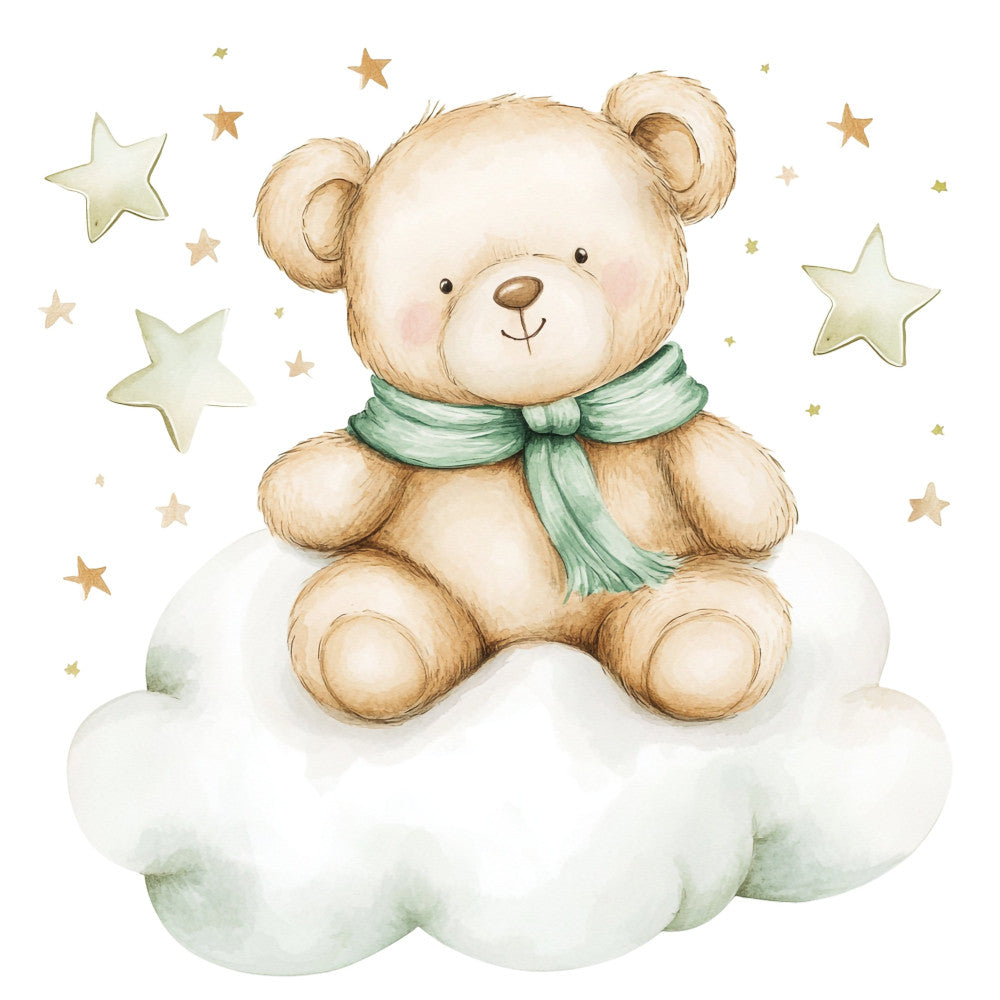teddy bear, cream, soft green, sage green, pale yellow, gold stars, whimsical, nursery, baby, cute, cuddly, celestial, stars, cloud, dreamy, sweet, gentle, children's, infant, newborn, lullaby, soft pastels, watercolor, illustration, storybook, bedding, crib quilt, baby shower, gender neutral, soothing