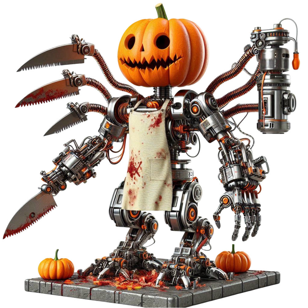steampunk pumpkin, halloween robot, autumn orange, burnt orange, metallic gold, industrial, mechanical, whimsical, dark orange, saw blade, gears, cogs, jack-o-lantern, pumpkin spice, horror, gothic, fall, halloween costume, novelty print, quirky, retro-futuristic, vintage industrial, seasonal decor, trick-or-treat, october, spooky, festive, monster, creepy, unique design