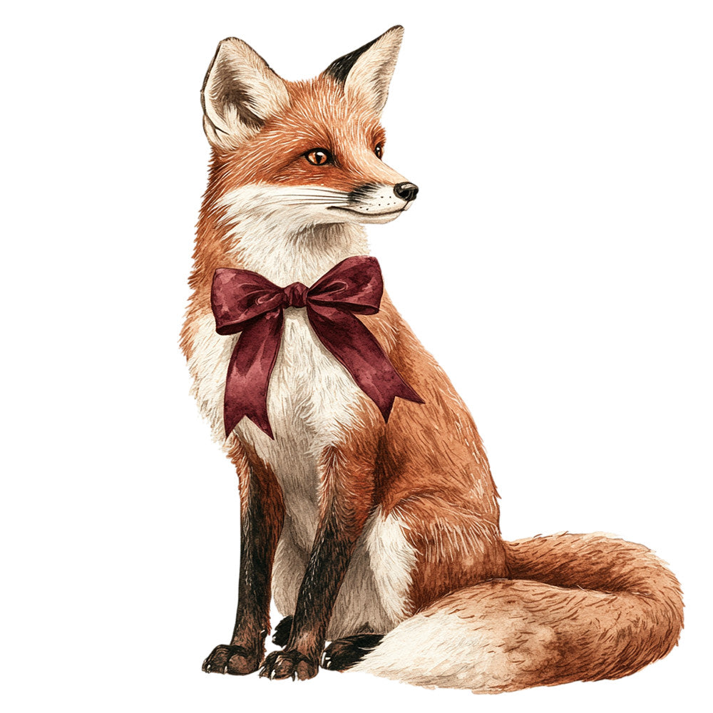 fox, burgundy ribbon, red fox, woodland animal, sitting pose, white background, realistic illustration, reddish brown, cream white, black accents, bow tie, dapper fox, fabric panel, quilting cotton, animal portrait, elegant fox, rustic colors, nature theme, wildlife art, detailed rendering
