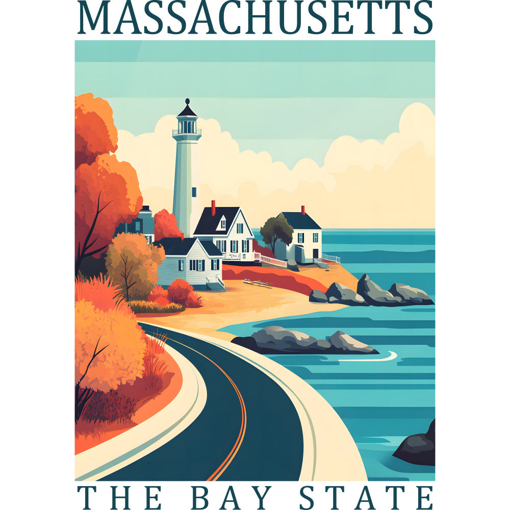 turquoise, orange, autumn foliage, lighthouse, coastal scene, winding road, rocky shore, ocean waves, new england, fabric panel, quilting cotton, vintage poster style, bay state, fall colors, seaside village, scenic landscape, travel theme, retro illustration, maritime, craft panel