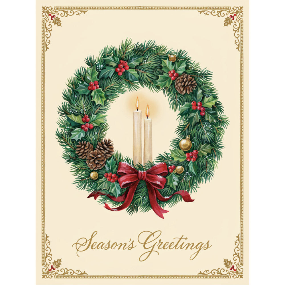 christmas, holiday, wreath, season's greetings, festive, traditional, elegant, vintage, evergreen, pine, holly, red berries, gold accents, pinecones, candles, red ribbon, bow, cream, forest green, deep green, gold ornaments, pearl accents, winter, classic, decorative border, nature, botanical, timeless, formal