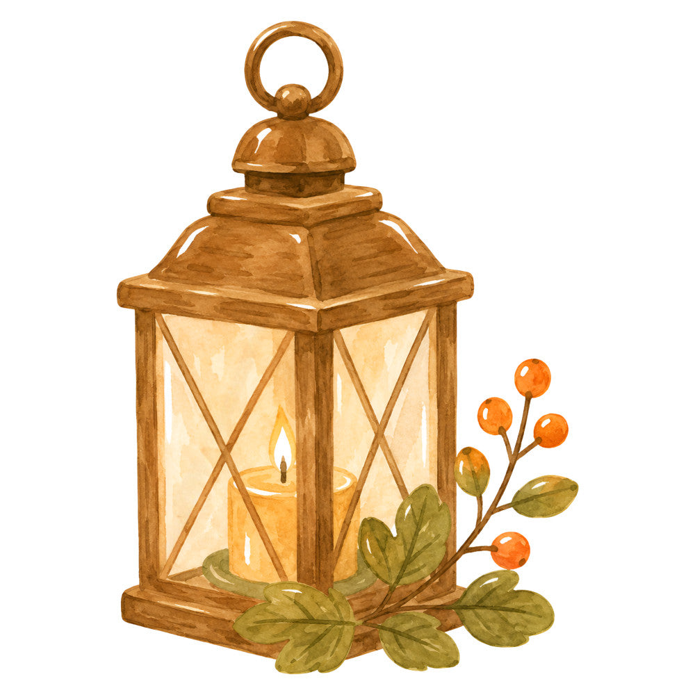 wooden lantern, warm cream, golden yellow, burnt orange, sage green, autumn, fall, harvest, lantern with candle, berries, botanical, nature, rustic, vintage, farmhouse, cozy, warm tones, illuminated, light, seasonal decor, thanksgiving, home accent, wall hanging, table runner, traditional, cottage style, candlelit, nature inspired, foliage