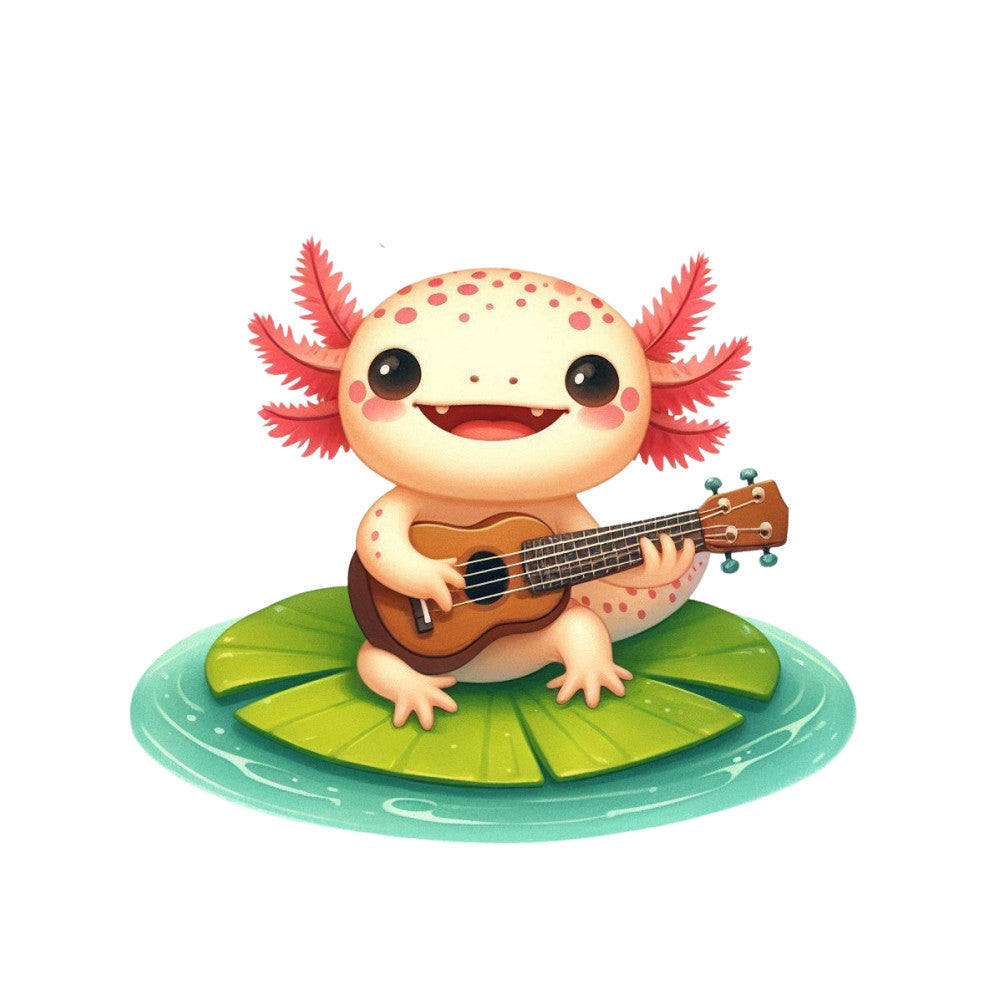 cute axolotl, cartoon animal, pink gills, peach colored, coral spots, ukulele music, lily pad, aquatic scene, turquoise water, green leaf, smiling character, kawaii style, cheerful mood, fabric panel, quilting cotton, amphibian design, musical theme, whimsical illustration, soft pastels, children's fabric
