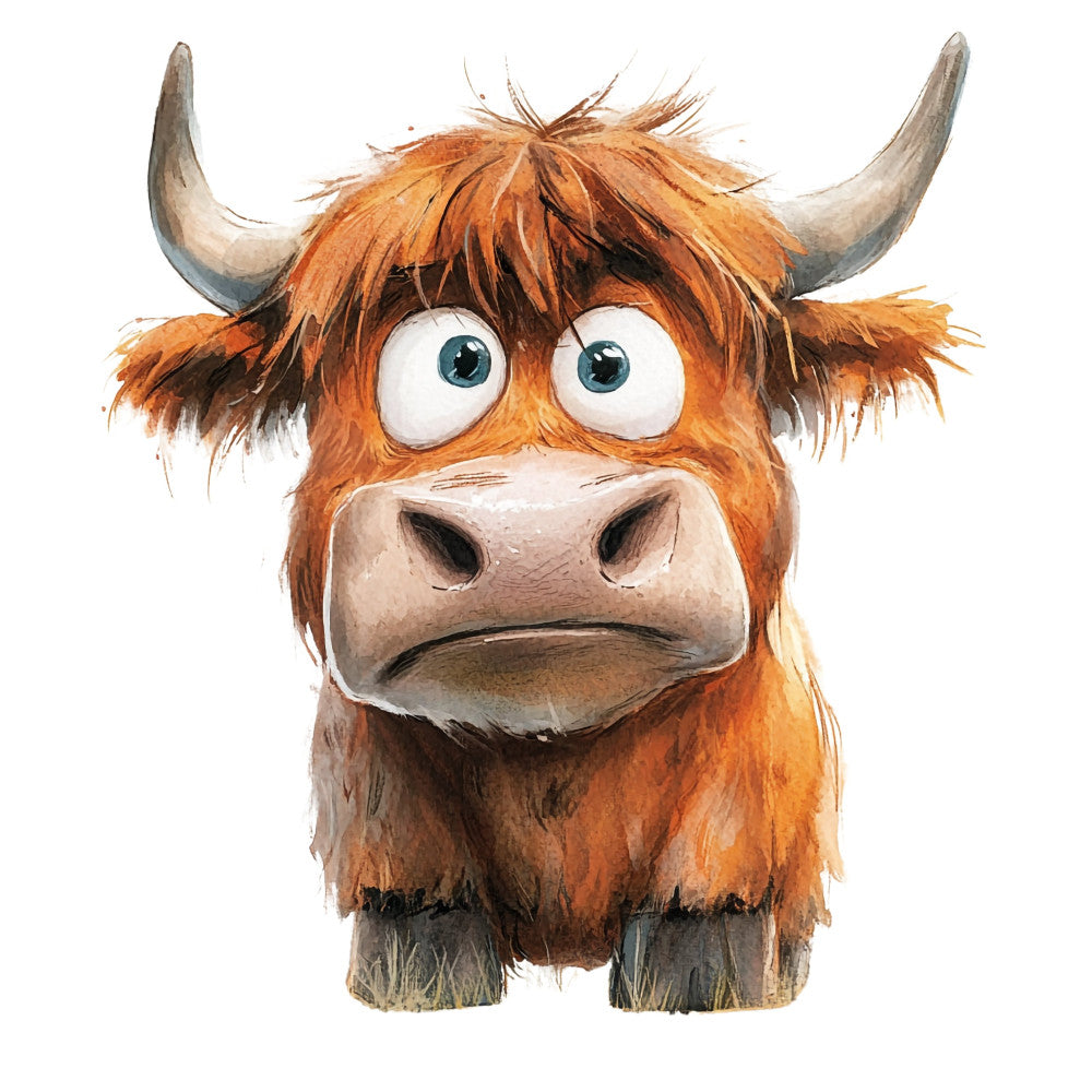 highland cattle, rustic, whimsical, farmhouse, rust orange, cream, tan, charcoal gray, animal print, cartoon, funny animals, cow, bull, horns, shaggy hair, children's, playful, nursery, cute creatures, big eyes, expressive, countryside, farm animals, pastoral, humorous, folk art style, storybook, kid-friendly, novelty print
