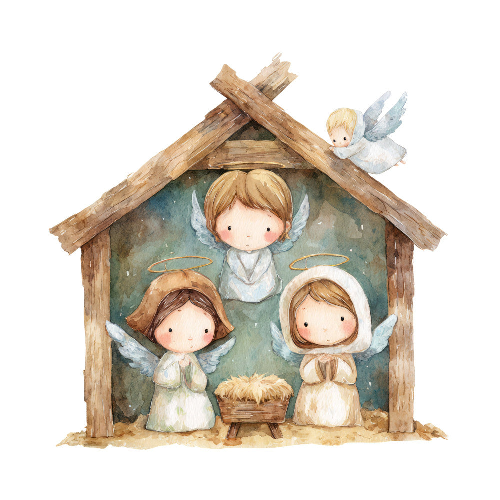 nativity scene, angels, religious, christmas, holiday, spiritual, whimsical, gentle, soft, cream, beige, sage green, muted tones, pastoral, vintage, rustic, nativity figures, cherubs, heavenly, peaceful, baby quilt, wall hanging, children's fabric, nursery, traditional, folk art, watercolor style, manger scene, celestial, sweet
